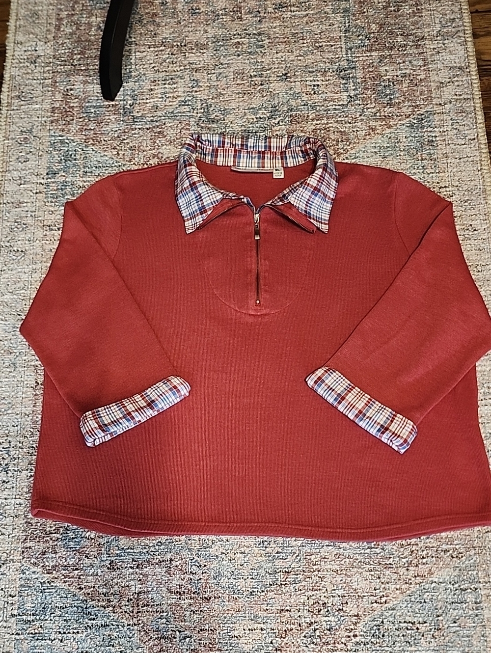 Rebecca Malone Rust Red Sweater with Blue & White Plaid Trim